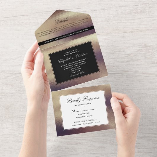 モダンミニマル金ゴールド結婚と黒 オールインワン招待状 (貼ってはがせる)