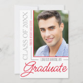 モダンミニマル1枚の写真赤と白卒業 招待状 (正面)