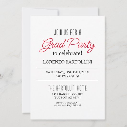 モダンミニマル1枚の写真赤と白卒業 招待状 (裏面)