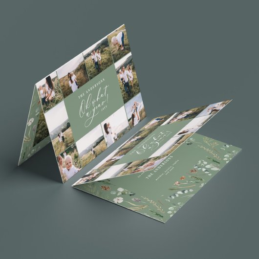 モダンミニマル11写真新年セージ緑の家族 シーズンカード