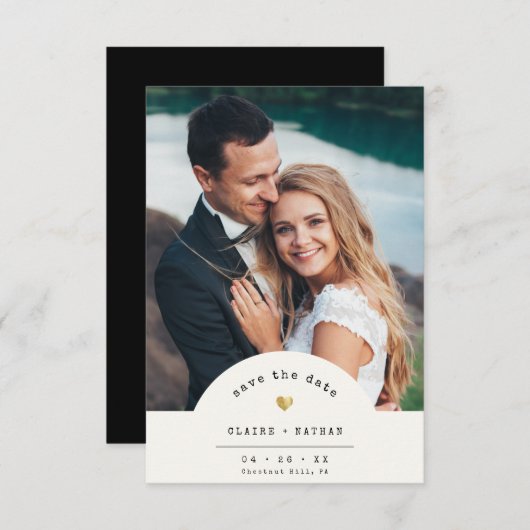 モダンミニマル タイプライター ゴールド フォト ウェディング セーブザデート (正面/裏面)