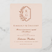 モダンミニマル |赤面バラ金ゴールド結婚の 箔招待状 (正面)