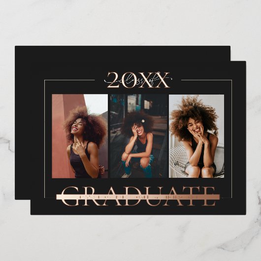 モダンミニマル | 3写真卒業のお知らせ 箔招待状 (正面/裏面)