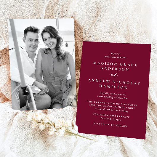 モダンミニマルBurgundy Photo結婚's 招待状