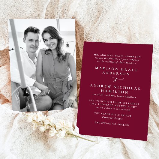 モダンミニマルBurgundy Photo結婚's 招待状
