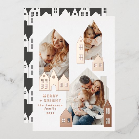 モダンミニマルChristmas Nordicの写真3枚 箔シーズンカード (正面/裏面)