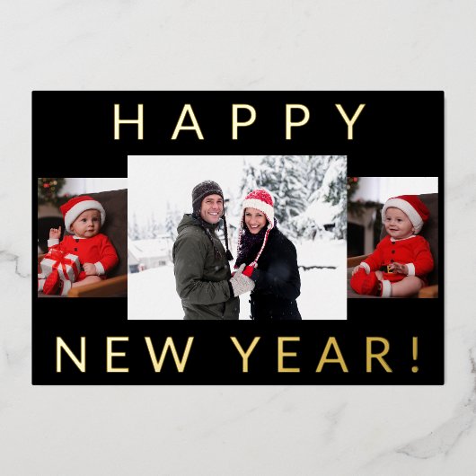 モダンミニマルHappy New Year Black and 実在Data 箔シーズンカード (正面)
