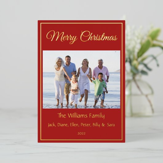 モダンミニマルMerry Christmas家族の写真実在 箔シーズンカード (立ち正面)