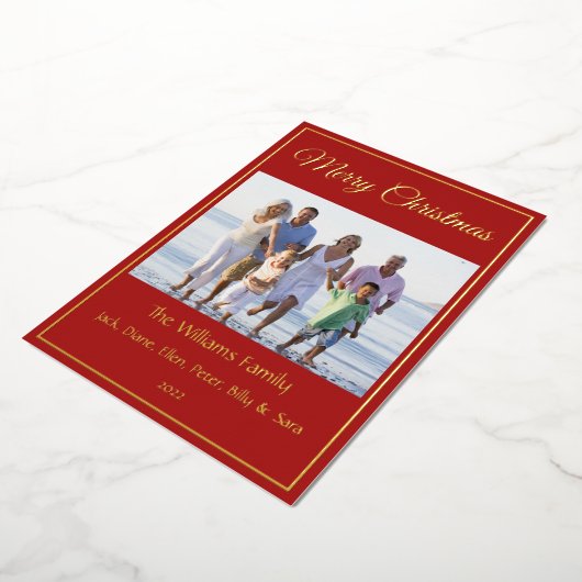 モダンミニマルMerry Christmas家族の写真実在 箔シーズンカード (回転した状態)