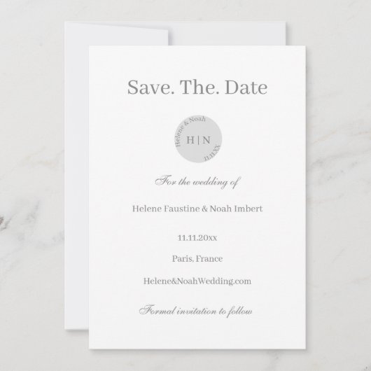 モダンミニマルMonogram Gray White Save The Date 招待状 (正面)