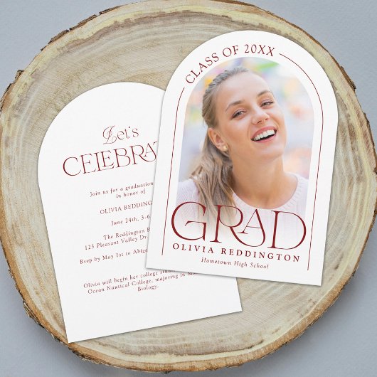 モダンミニマルPhoto Arch Red卒業式パーティー 招待状