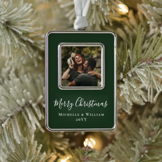モダンミニマルPhoto Christmas Script Green シルバープレートフレームオーナメント (ツリー)