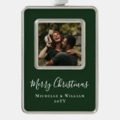 モダンミニマルPhoto Christmas Script Green シルバープレートフレームオーナメント (正面)
