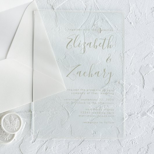 モダンミニマルSage Green結婚 Script アクリル招待状