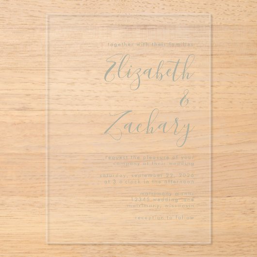 モダンミニマルSage Green結婚 Script アクリル招待状 (正面)