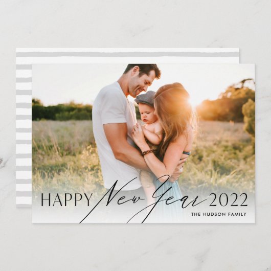 モダンミニマルScript Happy New Year Photo Holiday シーズンカード (正面/裏面)