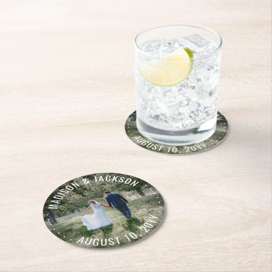 モダンミニマ結婚リストの写真ラヴ&シ感謝していック ラウンドペーパーコースター (インサイチュ)