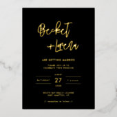 モダンミニマ結婚リストの黒と金ゴールド 箔招待状 (正面)