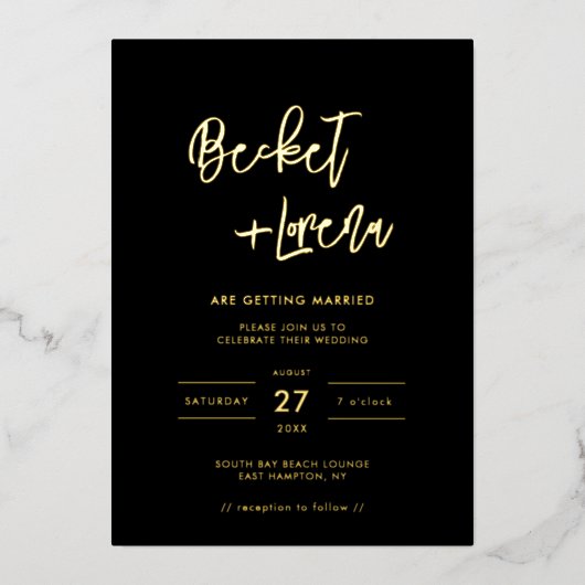 モダンミニマ結婚リストの黒と金ゴールド 箔招待状 (正面)