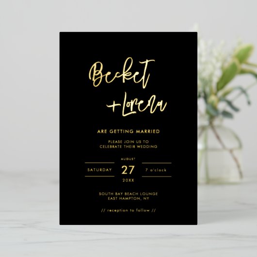 モダンミニマ結婚リストの黒と金ゴールド 箔招待状 (立ち正面)