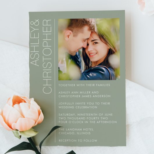 モダンミニマ結婚リストのSage Green写真 招待状