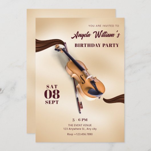 モダンミュージカルエレガント楽器誕生日 招待状 (正面/裏面)