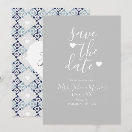 モダンメディテレニアンタイルにハートを添えて Save the Date 招待状 (正面/裏面)