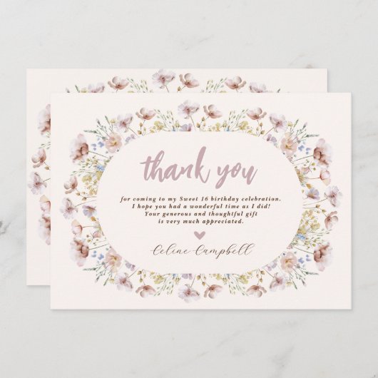 モダンメドウワイルドフラワースウィート16誕生日 サンキューカード (正面/裏面)