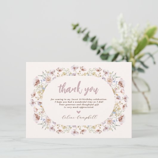 モダンメドウワイルドフラワースウィート16誕生日 サンキューカード (スタンド正面)