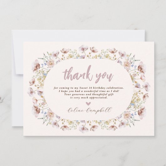 モダンメドウワイルドフラワースウィート16誕生日 サンキューカード (正面)