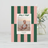 モダンメリー明るいピンクと緑のストライプ シーズンカード (スタンド正面)