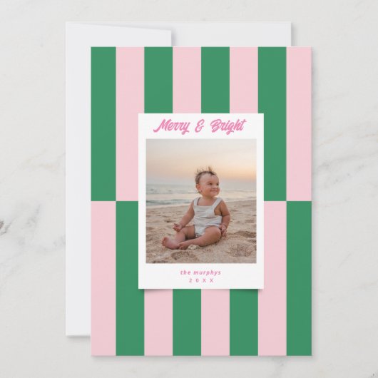 モダンメリー明るいピンクと緑のストライプ シーズンカード (正面)