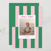 モダンメリー明るいピンクと緑のストライプ シーズンカード (正面/裏面)