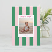 モダンメリー明るいピンクと緑のストライプ シーズンカード (スタンド正面)