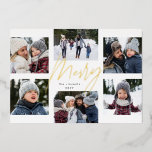 モダンメリー金ゴールド6 photo christmas collage 箔シーズンカード<br><div class="desc">6枚の写真の大学が中央のまわりにのスクリプモダントと名前をカスタムするやメッセージを集めている。このシンプルデザインはトレンドを進め、友人や家族とハイライトの年を共有するのに最適な方法である。裏はフェスティバル赤と白ストライプだ。</div>