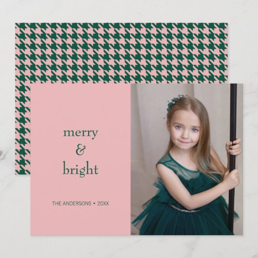 モダンメリーBright Christmas Green & Pink Photo シーズンカード (正面/裏面)
