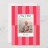 モダンメリーBright Red & Pink ストライプChristmas シーズンカード (正面)