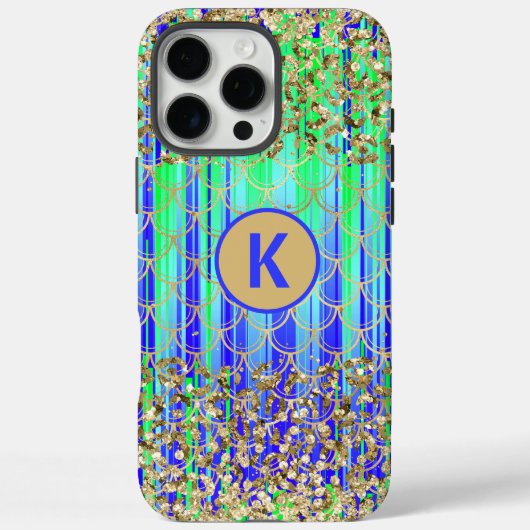 モダンメーメイドグリッターグリーン+ブルーモノグラム Case-Mate iPhoneケース (裏面)