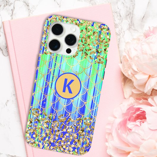 モダンメーメイド グリッター グリーン ブルー モノグラム Case-Mate iPhoneケース