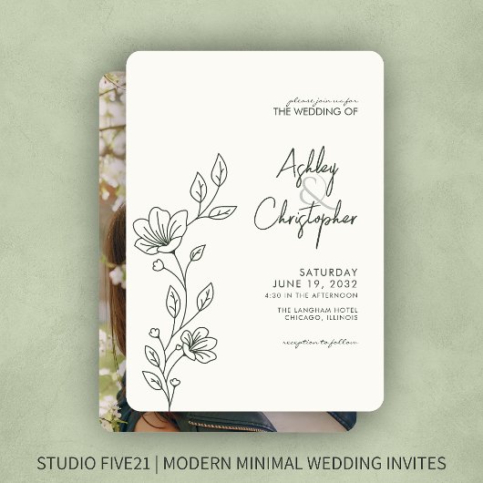 モダンモスグリーンの葉の輪郭結婚写真 招待状