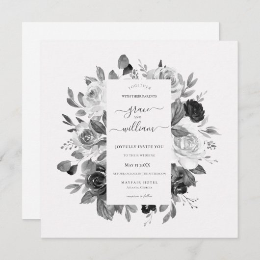 モダンモノクロ白フローラスクワ結婚ーク 招待状 (正面/裏面)