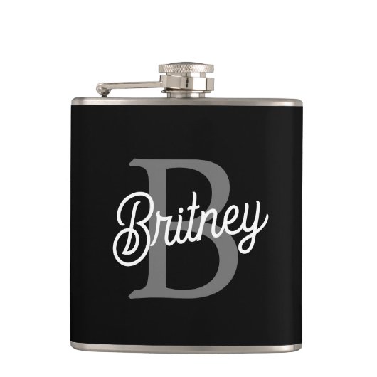 モダンモノグエレガントラム名ブラックグレースクリプト フラスク (正面)