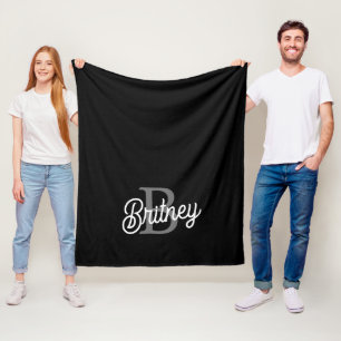 モダンモノグエレガントラム名ブラックグレースクリプト フリースブランケット