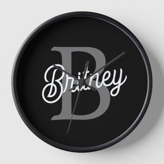 モダンモノグエレガントラム名ブラックグレースクリプト 壁時計 (正面)