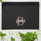 モダンモノグラエレガントム名ブラック・金ゴールド・スクリプト キッチンタオル (折り畳み)