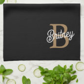 モダンモノグラエレガントム名ブラック・金ゴールド・スクリプト キッチンタオル (折り畳み)
