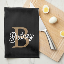 モダンモノグラエレガントム名ブラック・金ゴールド・スクリプト キッチンタオル