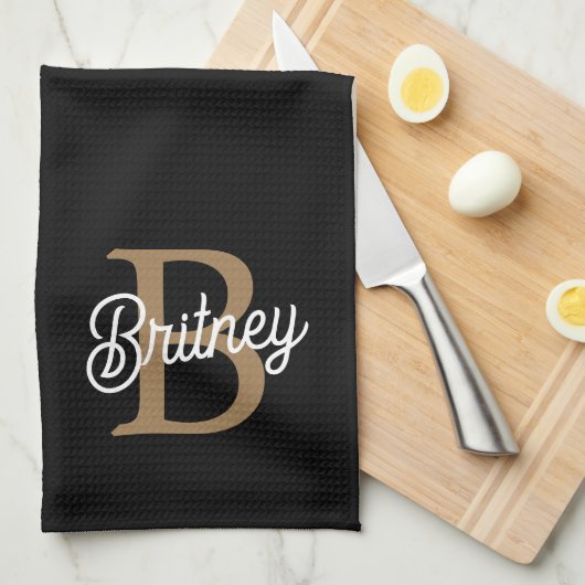 モダンモノグラエレガントム名ブラック・金ゴールド・スクリプト キッチンタオル (四つ折り)