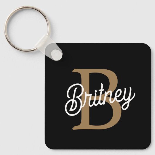 モダンモノグラエレガントム名ブラック・金ゴールド・スクリプト キーホルダー (正面)