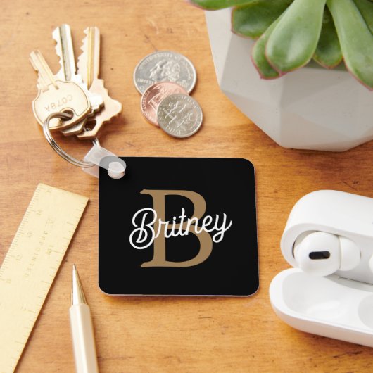 モダンモノグラエレガントム名ブラック・金ゴールド・スクリプト キーホルダー (デスク)